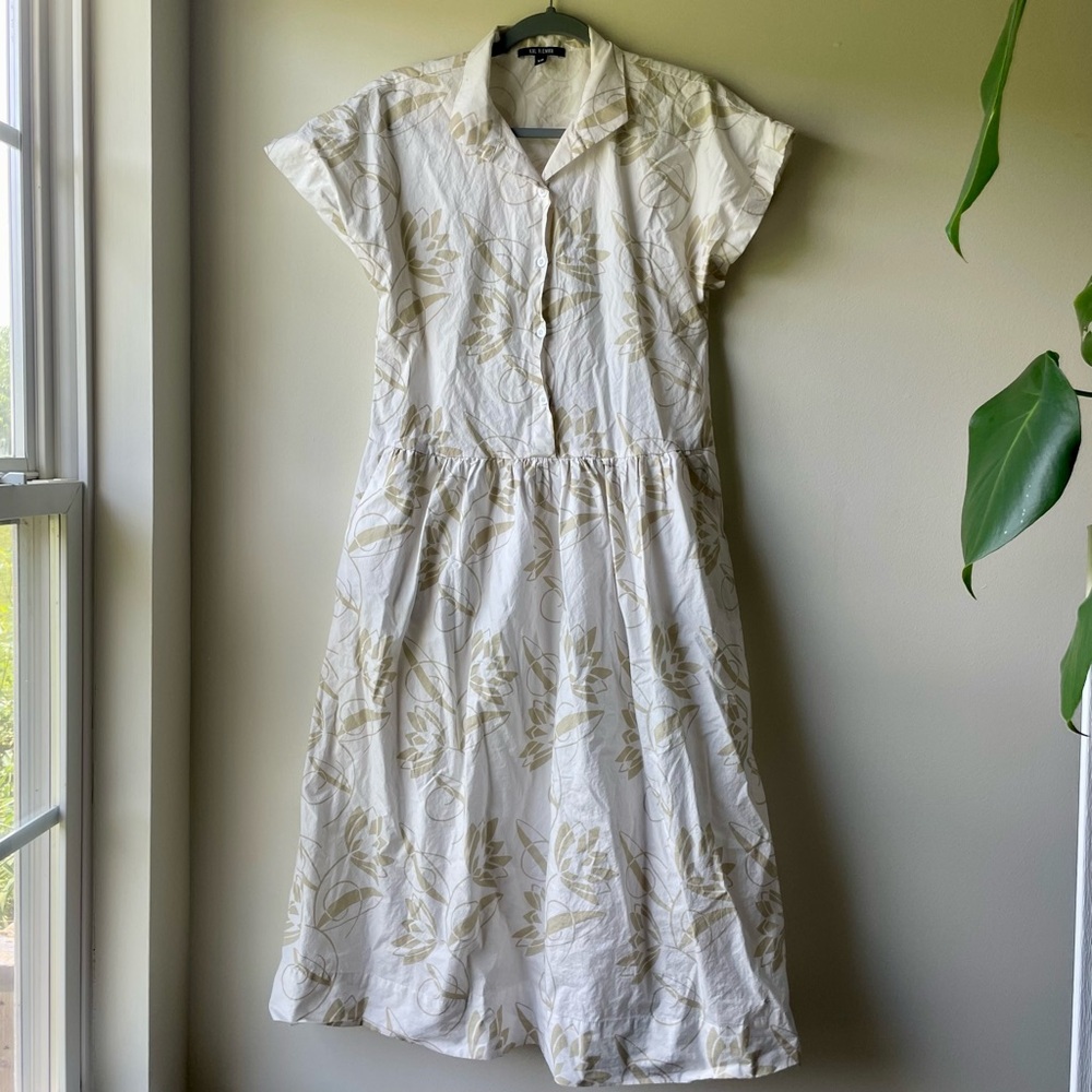 Kal Rieman 100% Cotton Women’s Water Lily Print Neutral Midi Demi Dress Xsmall